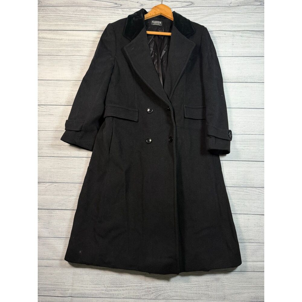 Vintage Karen Women’s M Black Wool Cashmere Velvet Collar Long Coat USA